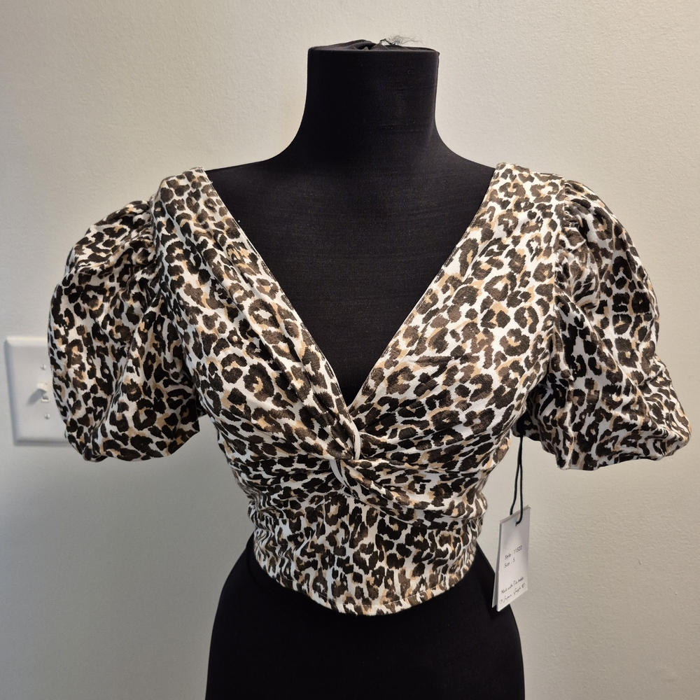 Japna Leopard Print Crop Top with Puff Sleeves